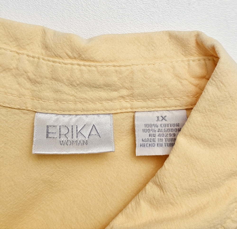 Erika Woman Yellow Button Front Shirt 1X Short Sleeve Cotton Blouse Casual - Picture 5 of 7